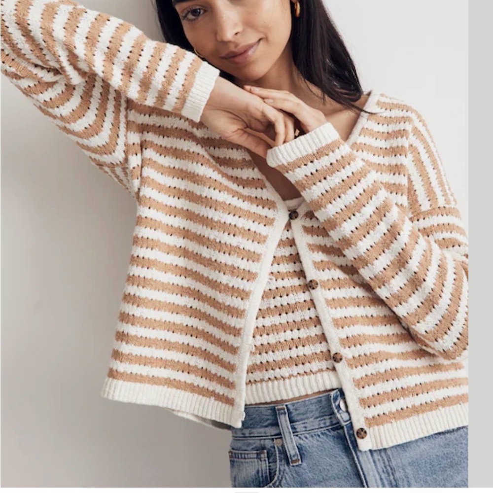 Madewell Tan and White Striped Cardigan